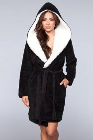 1817 Janet Plush Fleece Color Block Robe (Color: Black, size: S/M)