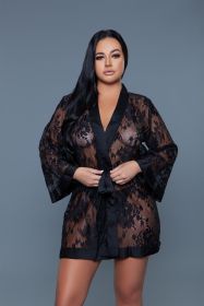 2275 Delia Robe Floral Lace Robe with Satin Trimming (Color: Black, size: L)